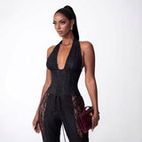 Women's Lace Halter Jumpsuit | Wide Leg & Backless Design 1