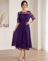 Women's Midi Cocktail Dress | Lace Sleeves & Tulle Skirt 2