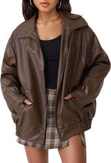 Ava | Women's Oversized Faux Leather Bomber Jacket Collared Zip-Up 0