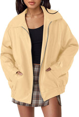 Ava | Women's Oversized Faux Leather Bomber Jacket Collared Zip-Up 9