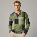 Men's Long Sleeve Shirt | Henley Placket & Patchwork Print