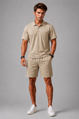 Men's Two Piece Set | Polo Shirt, Chest Pocket & Matching Drawstring Shorts