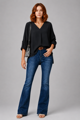 Women's Blouse | V-Neck & Roll-Up Sleeves