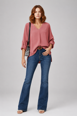 Women's Blouse | V-Neck & Roll-Up Sleeves