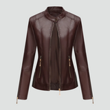 Women's biker jacket made of eco-friendly leather with zipper and stand-up collar 3