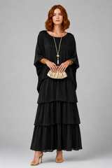 Women's Long Dress | Tiered Ruffle, Batwing Sleeves & Colourful Print