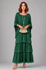 Women's Long Dress | Tiered Ruffle, Batwing Sleeves & Colourful Print