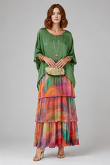 Women's Long Dress | Tiered Ruffle, Batwing Sleeves & Colourful Print