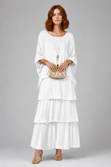 Women's Long Dress | Tiered Ruffle, Batwing Sleeves & Colourful Print
