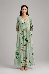 Women's Maxi Dress | Vintage Floral, V-Neck & Side Pockets