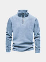 Flat lay of the light blue quarter-zip pullover