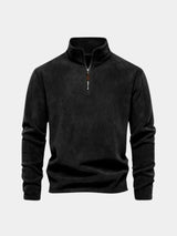 Flat lay of the black quarter-zip pullover