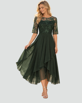 Women's Midi Cocktail Dress | Lace Sleeves & Tulle Skirt 12