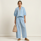 Women's Puff Sleeve Trouser Set | Zip Front Design 5