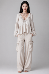 Women's Blouse | Boho Ruffle V-Neck, Balloon Sleeves & Tiered Smock