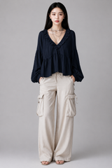 Women's Blouse | Boho Ruffle V-Neck, Balloon Sleeves & Tiered Smock