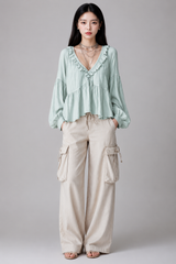 Women's Blouse | Boho Ruffle V-Neck, Balloon Sleeves & Tiered Smock