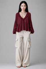 Women's Blouse | Boho Ruffle V-Neck, Balloon Sleeves & Tiered Smock