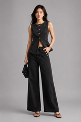 Women's Co Ord Denim Set | Structured Vest & Wide Leg Jeans