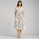 Women's Midi Dress | Floral Pleated Design with Pockets