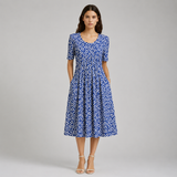 Women's Midi Dress | Floral Pleated Design with Pockets