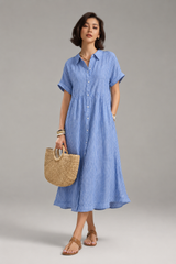 Women's Midi Dress | Striped Button-Down, Short Sleeve & Collar Shirt Style