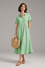 Women's Midi Dress | Striped Button-Down, Short Sleeve & Collar Shirt Style
