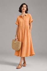 Women's Midi Dress | Striped Button-Down, Short Sleeve & Collar Shirt Style