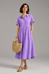 Women's Midi Dress | Striped Button-Down, Short Sleeve & Collar Shirt Style
