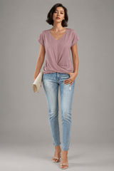 Women's Summer Top | V-Neck, Twist Front Hem & Short Sleeve