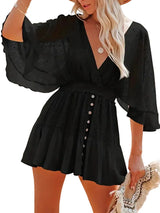 Women's V-Neck Mini Dress | Lace Sleeve Detail