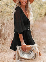 Women's V-Neck Mini Dress | Lace Sleeve Detail