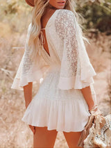 Women's V-Neck Mini Dress | Lace Sleeve Detail