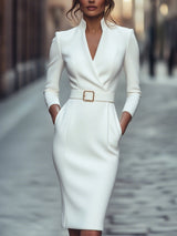 Lumina Wear belted sheath midi dress with mandarin collar in black, featuring a fitted silhouette and elegant design.