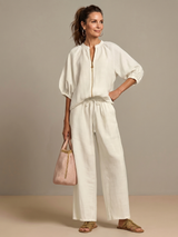 Women's Wide Leg Trouser Set | Zip Front Blouson Top 13