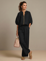 Women's Wide Leg Trouser Set | Zip Front Blouson Top 18
