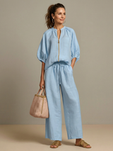 Women's Wide Leg Trouser Set | Zip Front Blouson Top 1