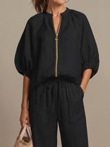 Women's Wide Leg Trouser Set | Zip Front Blouson Top 21