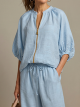 Women's Wide Leg Trouser Set | Zip Front Blouson Top 3