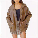 Ava | Women's Oversized Faux Leather Bomber Jacket Collared Zip-Up 5