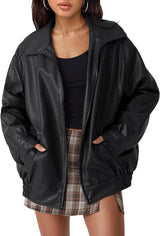 Ava | Women's Oversized Faux Leather Bomber Jacket Collared Zip-Up 8
