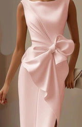 Elegant Sleeveless Wedding Guest Dress with Oversized Bow and Draped Design 1