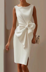 Elegant Sleeveless Wedding Guest Dress with Oversized Bow and Draped Design 2