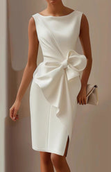 Elegant Sleeveless Wedding Guest Dress with Oversized Bow and Draped Design 6