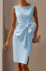 Elegant Sleeveless Wedding Guest Dress with Oversized Bow and Draped Design 7
