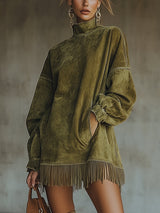 Freya – High-Neck Fringed Oversized Tunic Dress for Women 0