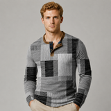 Men's Long Sleeve Shirt | Henley Placket & Patchwork Print