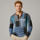 Men's Long Sleeve Shirt | Henley Placket & Patchwork Print