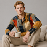 Men's Long Sleeve Shirt | Henley Placket & Patchwork Print
