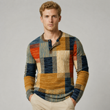 Men's Long Sleeve Shirt | Henley Placket & Patchwork Print